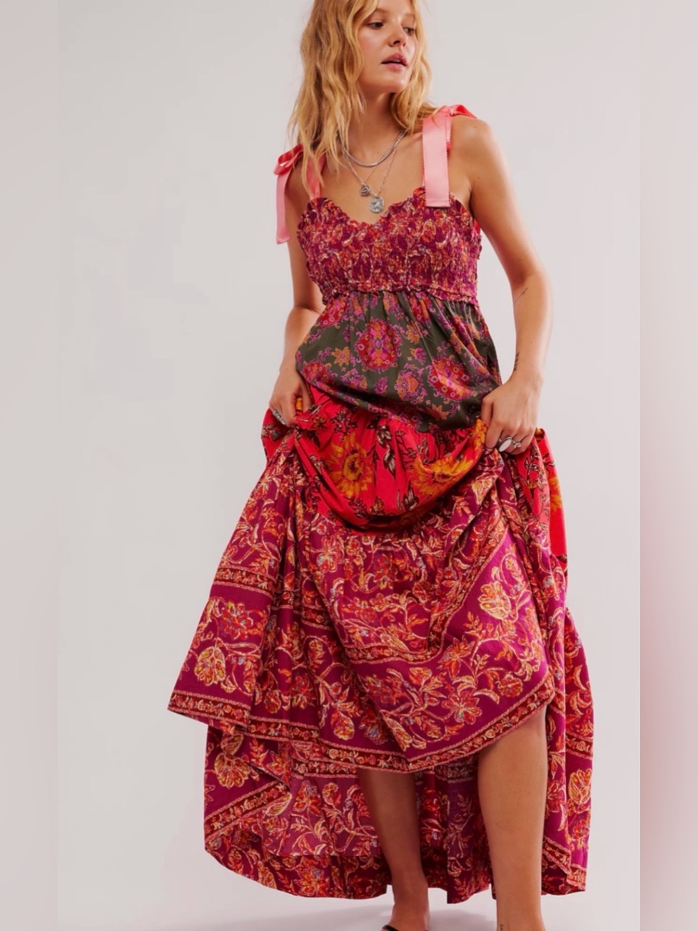 New Free People Bluebell Maxi Dress Magenta Combo Size M.